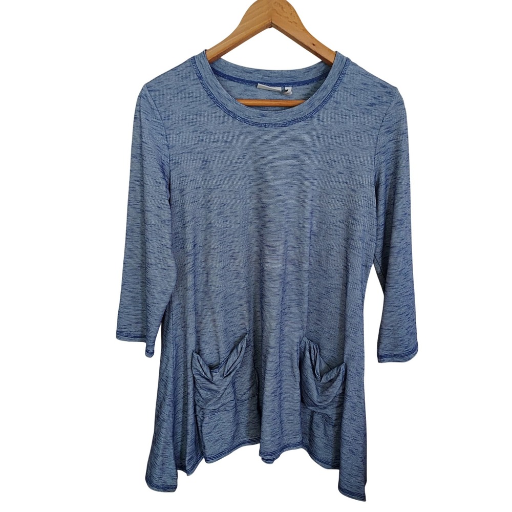 LOGO Lori Goldstein Purple Striped 3/4 Sleeve Tunic Top Pockets Lagenlook Med